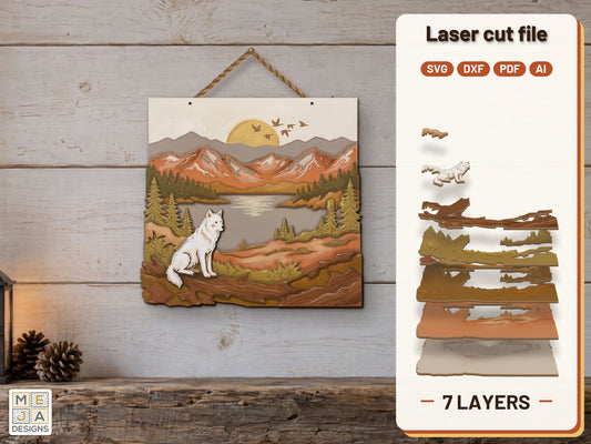 Wolf at Mountain Lake laser cut file: the finished layered piece, hand painted