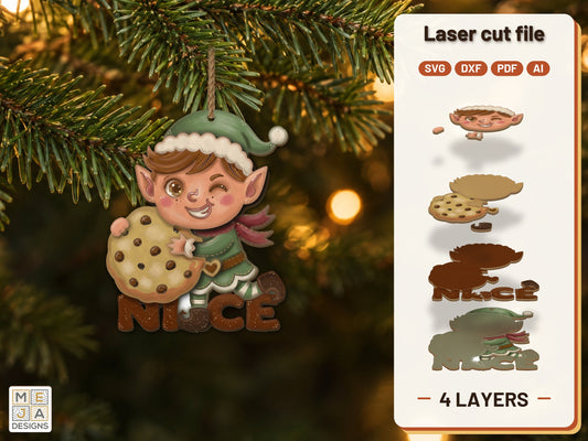Nice Elf Cookie Ornament laser cut file: the finished layered piece, hand painted