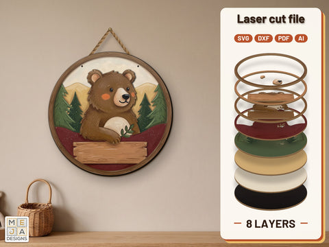 Woodland Bear Friend Hello Sign Laser Cut File