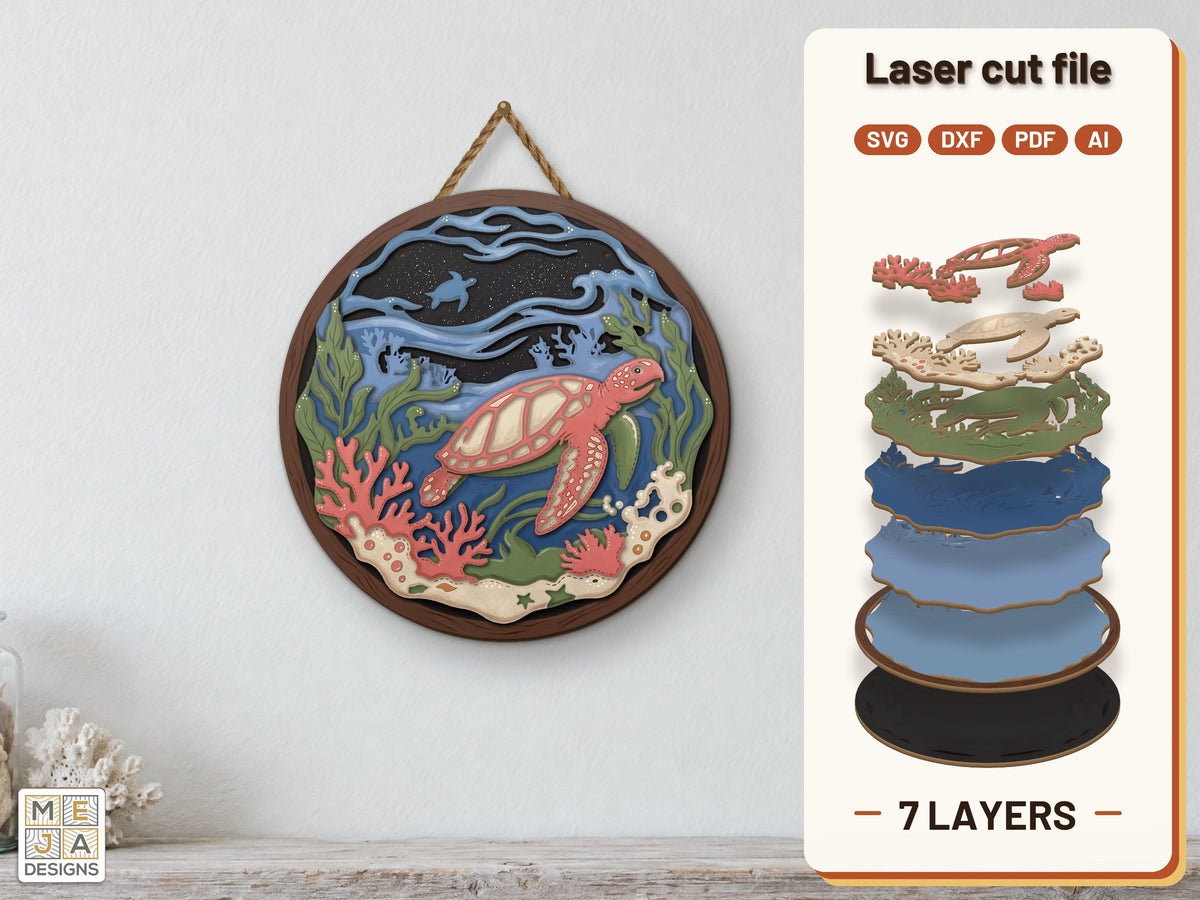 Sea Turtle Reef Scene laser cut file: the finished layered piece, hand painted