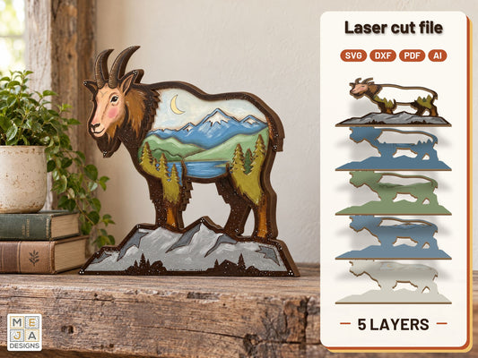 Mountain Goat Shelf Sitter laser cut file: the finished layered piece, hand painted