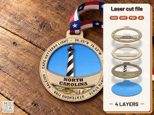 North Carolina State Ornament laser cut file: the finished layered piece, hand painted