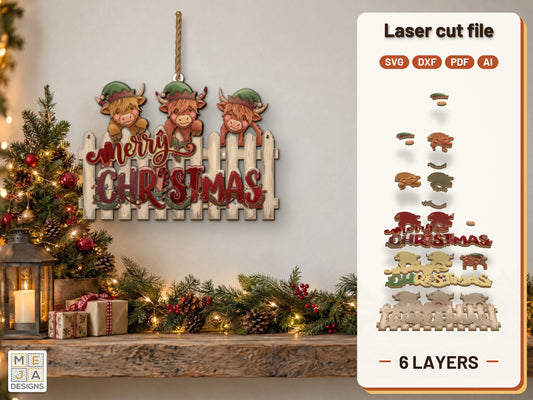 Highland Cow Elves Sign laser cut file: the finished layered piece, hand painted