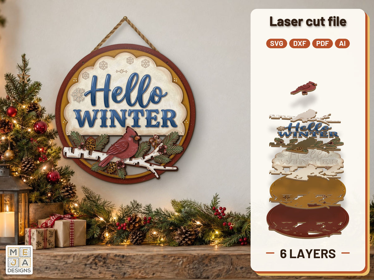 Hello Winter Cardinal Sign laser cut file: the finished layered piece, hand painted
