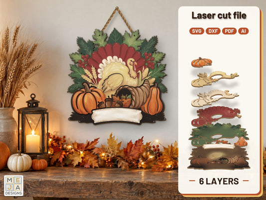 Thanksgiving Harvest Turkey Sign laser cut file: the finished layered piece, hand painted