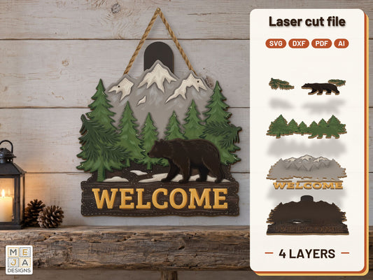 Bear Welcome Door Hanger laser cut file: the finished layered piece, hand painted