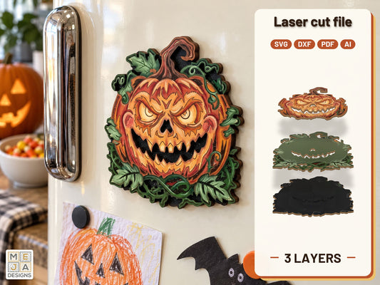 Vine Wreath Jack-O'-Lantern Magnet laser cut file: the finished layered piece, hand painted