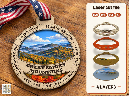 Great Smoky Mountains National Park Ornament laser cut file: the finished layered piece, hand painted