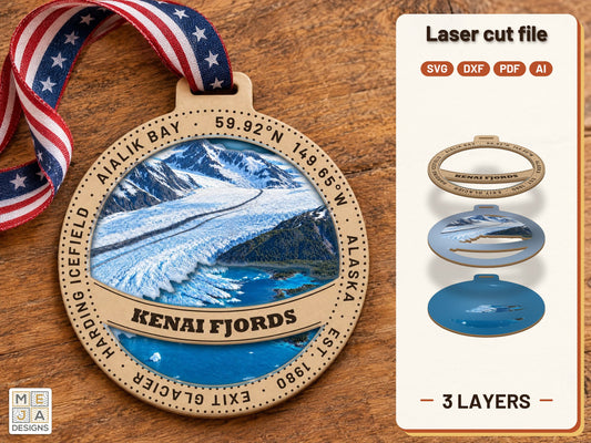 Kenai Fjords National Park Ornament laser cut file: the finished layered piece, hand painted