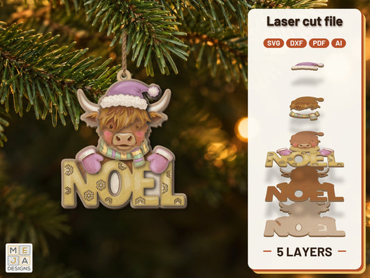 Highland Cow Noel Ornament laser cut file: the finished layered piece, hand painted