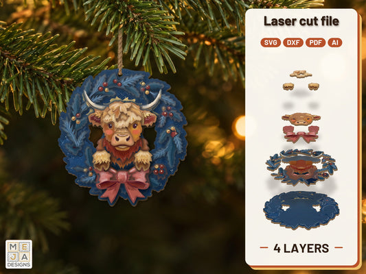Highland Cow Wreath Ornament laser cut file: the finished layered piece, hand painted