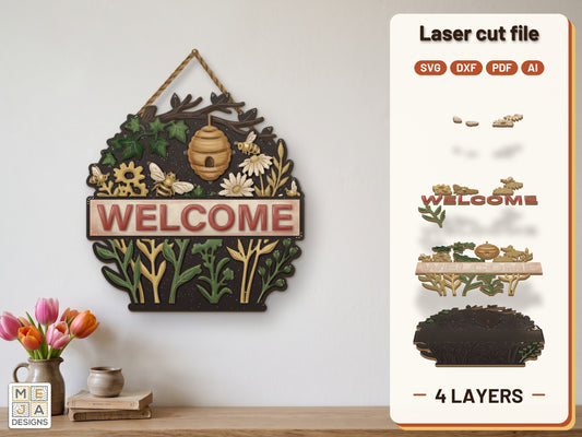 Beehive Welcome Sign laser cut file: the finished layered piece, hand painted
