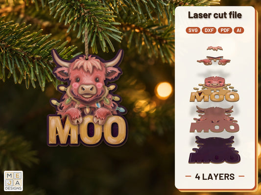 Highland Cow MOO Ornament laser cut file: the finished layered piece, hand painted