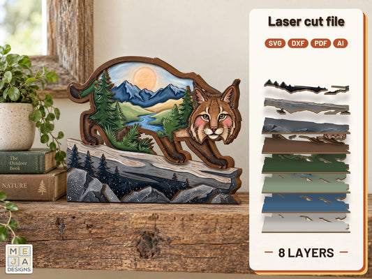 Bobcat Window Shelf Sitter laser cut file: the finished layered piece, hand painted