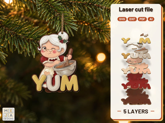 Mrs. Claus Baking Ornament laser cut file: the finished layered piece, hand painted