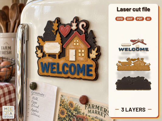 Cozy House Welcome Magnet laser cut file: the finished layered piece, hand painted