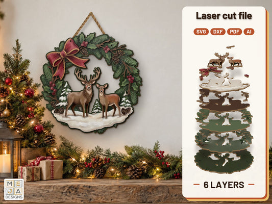 Deer Christmas Wreath Sign laser cut file: the finished layered piece, hand painted