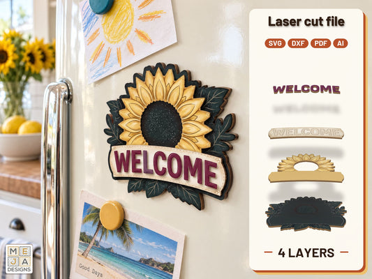 Sunflower Welcome Magnet laser cut file: the finished layered piece, hand painted