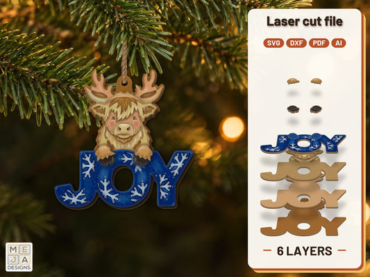 Highland Cow Reindeer Ornament laser cut file: the finished layered piece, hand painted