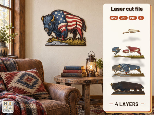 Patriotic American Bison laser cut file: the finished layered piece, hand painted