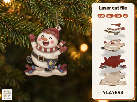 Wobbles Dancing Snowman Ornament laser cut file: the finished layered piece, hand painted