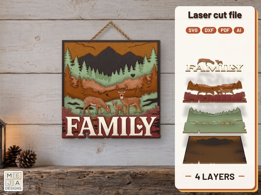 Rustic Deer Family Sign laser cut file: the finished layered piece, hand painted