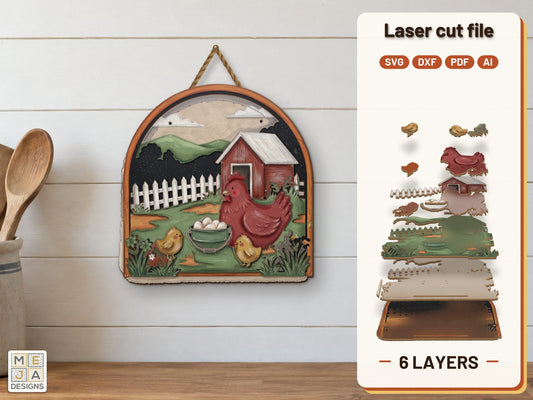 Mama Hen Farmyard Sign laser cut file: the finished layered piece, hand painted