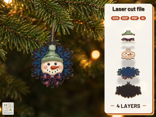 Snowflake Snowman Ornament laser cut file: the finished layered piece, hand painted