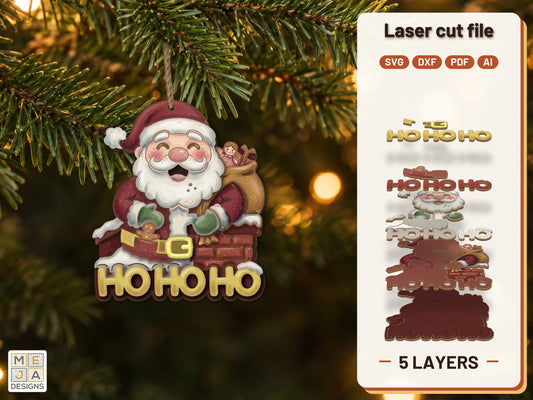 Santa Chimney Ho Ho Ho Ornament laser cut file: the finished layered piece, hand painted