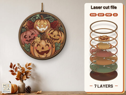 Jack-o'-Lantern Pumpkin Patch laser cut file: the finished layered piece, hand painted