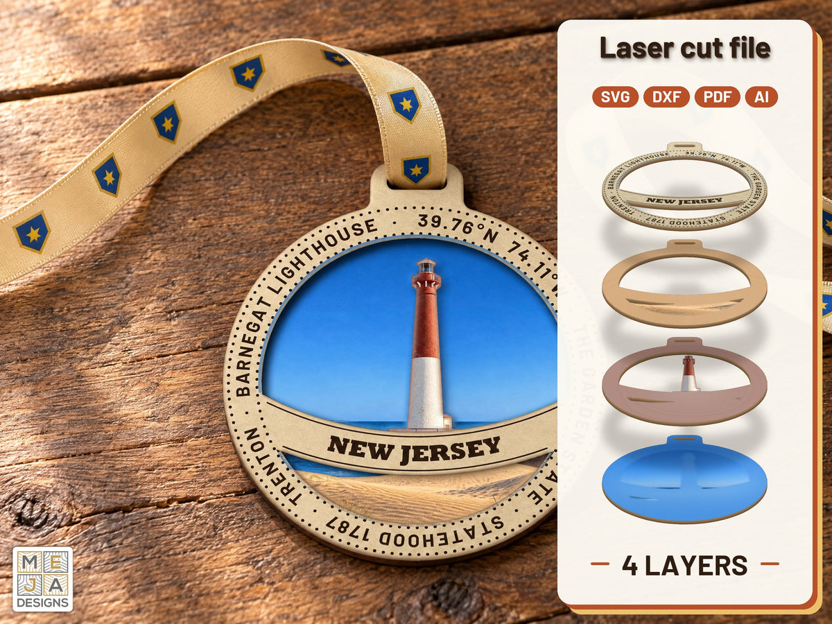 New Jersey State Ornament laser cut file: the finished layered piece, hand painted