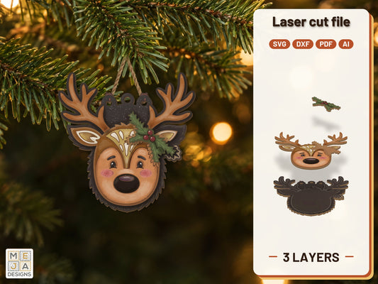 Reindeer Face Ornament laser cut file: the finished layered piece, hand painted
