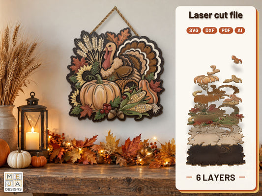 Harvest Turkey and Wheat Sheaf laser cut file: the finished layered piece, hand painted