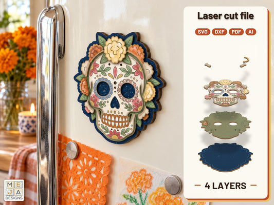 Sugar Skull Marigold Magnet laser cut file: the finished layered piece, hand painted