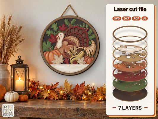 Turkey and Cornucopia Round Sign laser cut file: the finished layered piece, hand painted