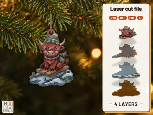 Highland Cow Sled Ornament laser cut file: the finished layered piece, hand painted