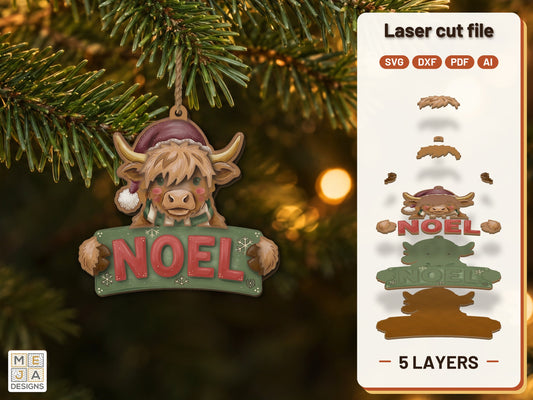 Highland Cow Noel Ornament laser cut file: the finished layered piece, hand painted