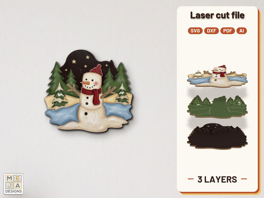 Marshmallow Snowman Pine Scene laser cut file: the finished layered piece, hand painted