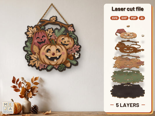 Fall Wreath Jack-O'-Lantern Trio laser cut file: the finished layered piece, hand painted