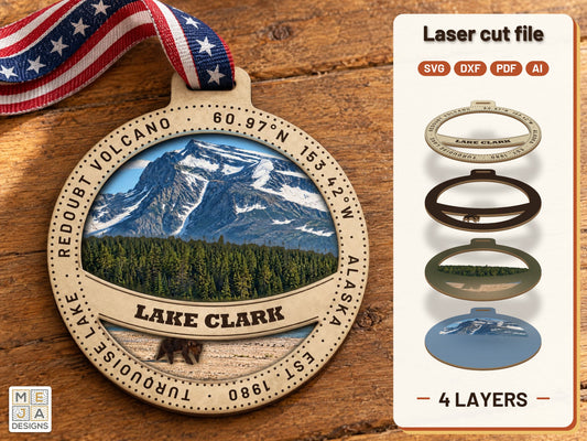 Lake Clark National Park Ornament laser cut file: the finished layered piece, hand painted