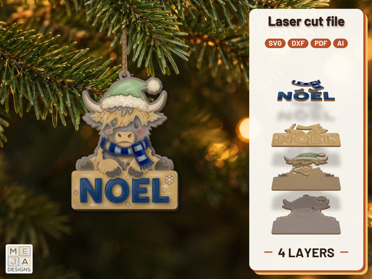 Highland Cow Noel Ornament laser cut file: the finished layered piece, hand painted