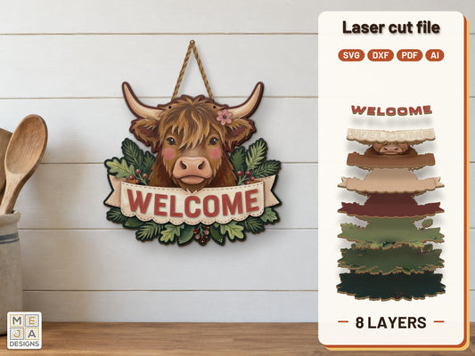 Rustic Highland Cow Welcome Sign laser cut file: the finished layered piece, hand painted