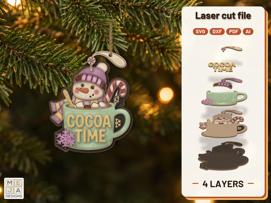 Snowman Cocoa Mug Ornament laser cut file: the finished layered piece, hand painted