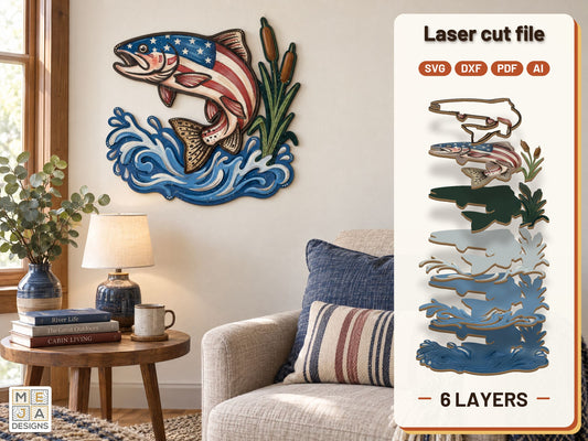 Patriotic Leaping Trout laser cut file: the finished layered piece, hand painted