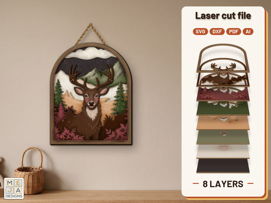 Woodland Deer Friend laser cut file: the finished layered piece, hand painted