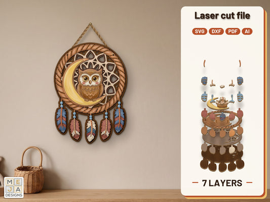 Owl Moon Dream Catcher laser cut file: the finished layered piece, hand painted