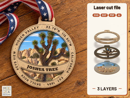 Joshua Tree National Park Ornament laser cut file: the finished layered piece, hand painted