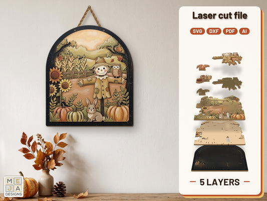 Autumn Scarecrow Cornfield Sign laser cut file: the finished layered piece, hand painted