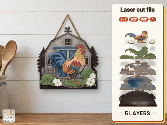 Blue Barn Rooster and Weathervane laser cut file: the finished layered piece, hand painted