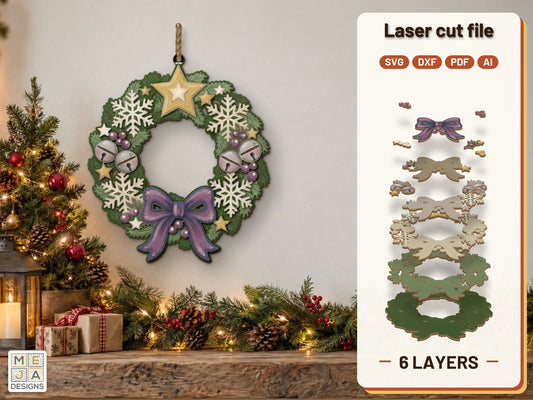 Snowflake Star Christmas Wreath laser cut file: the finished layered piece, hand painted